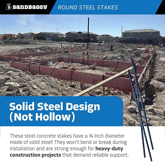 Sandbaggy Round Steel Concrete Form Stakes with Nail Holes - Rust Resistant Coating - Removable, Reusable (50, 3/4 in X 36 in)