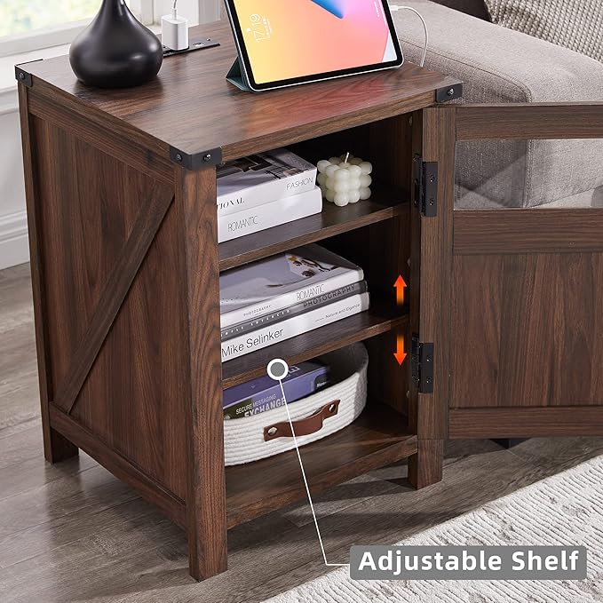 JXQTLINGMU Farmhouse End Table with Charging Station, 18'' Rustic Nightstand with Barn Door & Adjustable Shelf, Wooden Sofa Side Table with 3-Tier Storage for Living Room, Bedroom, Brown