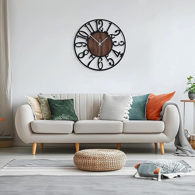 Maxstar Round Wall Clock for Living Room Decor Battery Operated Non Ticking Silent Vintage Black Metal Wood Clocks for Home Living Room Garden Farmhouse Office Kitchen Decoration -13 inch