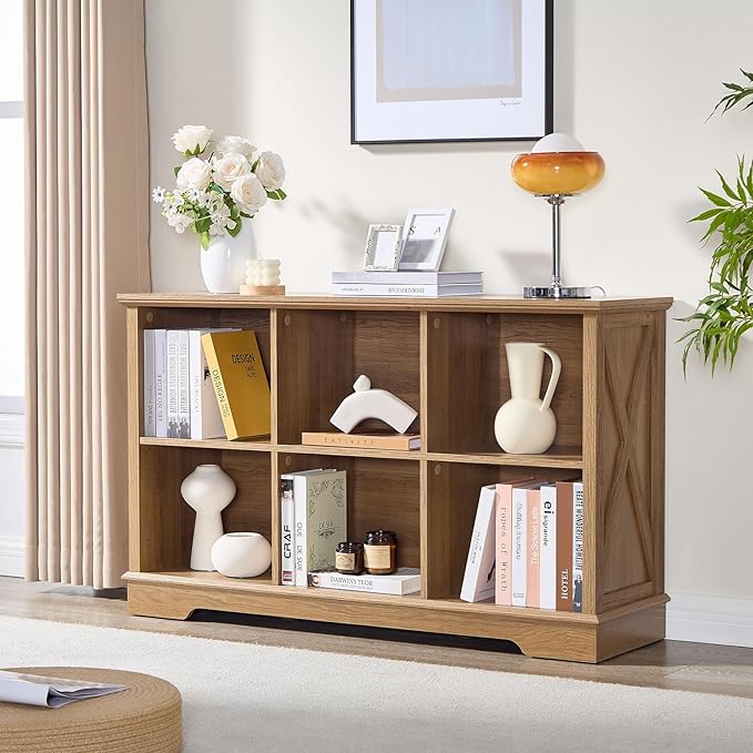 Farmhouse 6 Cube Bookshelf, Storage Organizer Bookcase, Kids Toy Storage Cabinet, Long Bookshelves Storage Organizer Shelf, Wood Display Cabinet Book Shelves for Bedroom,Living Room,Natural Oak