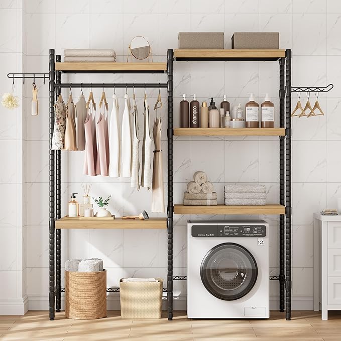 CABIHOME 5-Tier Over-The-Washer Shelf - Adjustable Height Laundry Organizer Space Saver, Double-Layer 100lb Shelves, 2 Hooks for Bathroom/Balcony (Natural& Black)