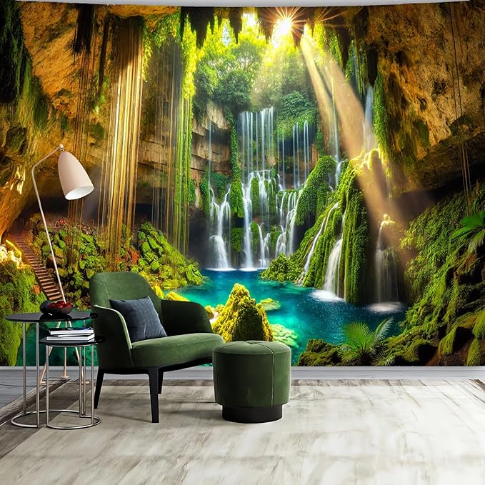 BSFHH Nature Tapestry Forest Tree Sea Cave Wall Hanging, Stream Through Rainforest Landscape Wall Art Tapestry for Bedroom Living room (Cave Waterfall, 110" × 87", Unframed)