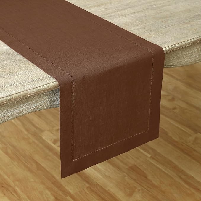 Solino Home Linen Brown Table Runner 48 Inches - Classic Hemstitch, 100% Pure Linen Coffee Table Runner 14 x 48 Inch Ideal for Dresser Tables, Fall, Autumn, Thanksgiving