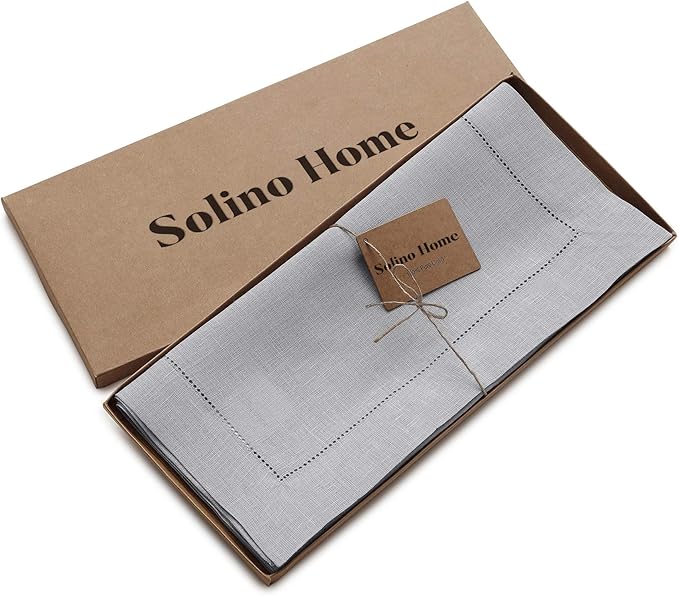 Solino Home Linen Soft Grey Table Runner 90 Inches Long - 100% Pure Linen Hemstitch 14 x 90 Inch Table Runner for Dining, Fall, Autumn, Thanksgiving - Classic Hemstitch