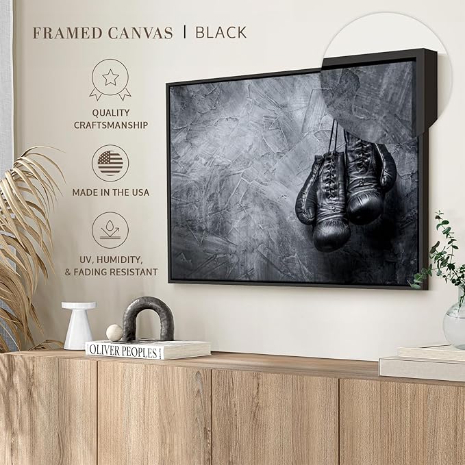 ElephantStock Boxing Gloves Wall Art - Horizontal Framed Canvas - 1-Piece Living Room Wall Decor - Photography Sports Canvas Print - Black and Gray Decor for Wall - 13" X 9"