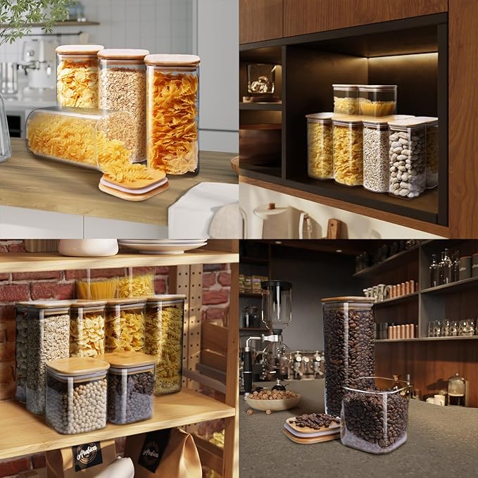 Square Glass Jars with Bamboo Lids [Muti Size Set of 5], Glass Canisters with Airtight Lids, Glass Food Storage Containers for Pasta, Cereal, Flour, Sugar, Best for Kitchen & Pantry