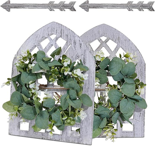 Rustic Wood Window Frame with Green Wreath and Arrows Wall Decor，Farmhouse Window Frame Hanging Decor, Wooden Fake Decoration,Window Pane Wall Decor,Set of 2 (windows white)