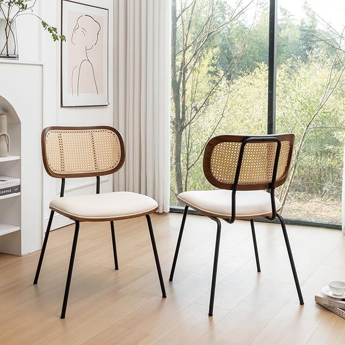 Rattan Dining Chairs Set of 2, Mid Century Modern Dining Chairs with Cane Back for Kitchen Dining Room, 19 Inch Faux Leather Beige