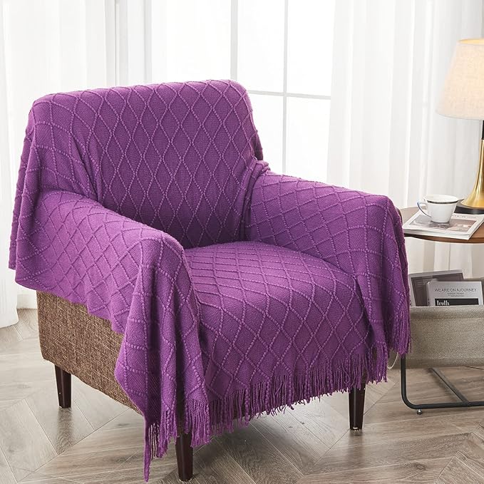inhand Valentine's Day Gifts Throw Blanket Purple for Couch, Soft Living Room Home Decor Knitted Blanket, Outdoor Lightweight Breathable Summer Blanket, Farmhouse Warm Woven Decorative,50"x60"