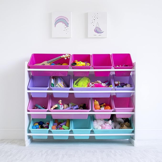 Humble Crew Supersized Toy Storage Organizer with 16 Removable Bins, White/Blue/Pink/Purple – Large Toy Storage for Toddlers Ideal for Kids' Rooms, Playrooms, and Nurseries - Modern Toy Bins for Kids