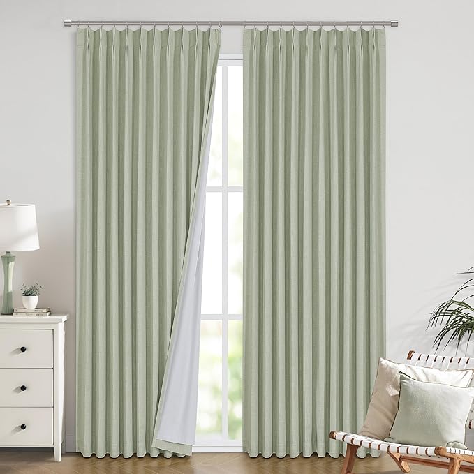 Vision Home Soft Green Pinch Pleated Full Blackout Curtains Linen Blended Room Darkening Window Curtains 63 inch for Living Room Bedroom Thermal Insulated Pinch Pleat Drapes with Hooks 60" Wx63 Lx1