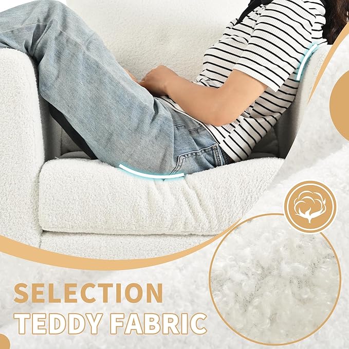 Accent Chair Set of 2, Upholstered Armchair with Pillow, Teddy Single Sofa with Lounge Seat and Wood Legs for Living Room Small Spaces