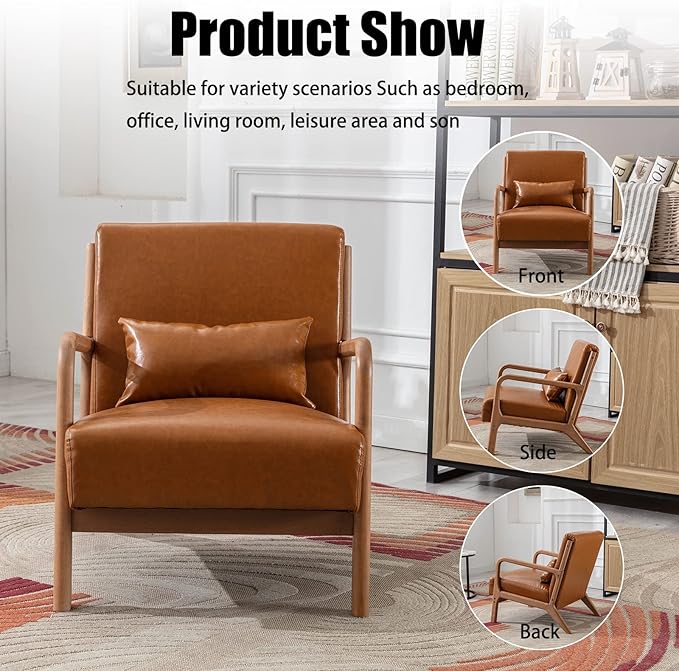INZOY Mid Century Modern Accent Chair with Wood Frame, PU Leather Reading Armchair with Waist Cushion, Upholstered Living Room Chairs for Bedroom Sunroom (Camel)