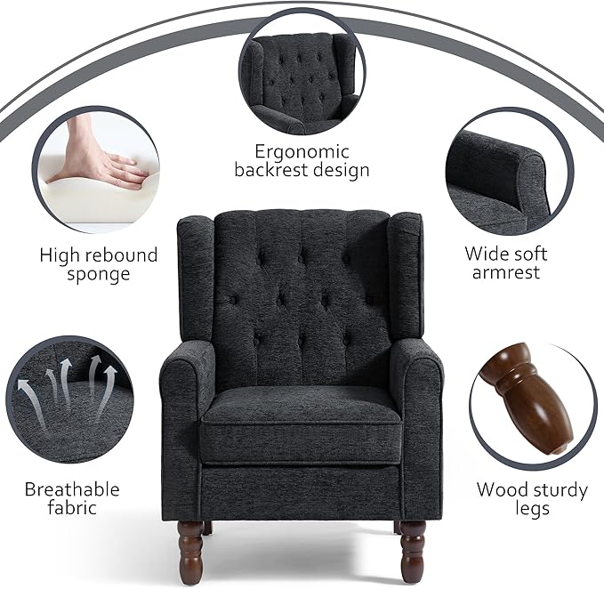 Lumibee High Back Accent Chair,Upholstered Wingback Armchair with Solid Wood Legs for Small Spaces,Comfy Single Sofa Chair for Living Room,Bedroom,Office-Black Blue
