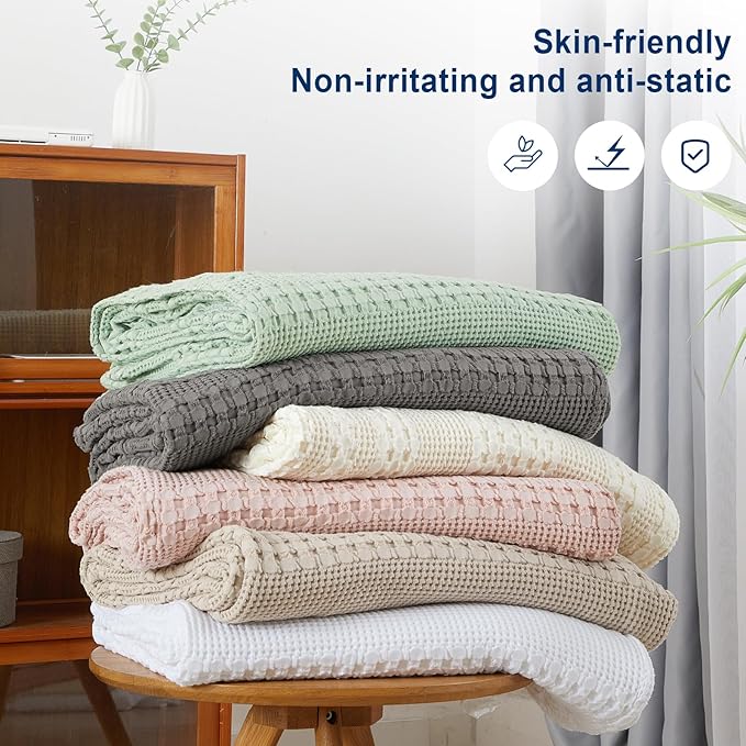 PHF 100% Cotton Waffle Weave Blanket Twin Size, Soft Lightweight Breathable Cozy Summer Blankets for Bed, Luxury Aesthetic Woven Bedding for Home Decor, 66"x90", Cannoli Cream