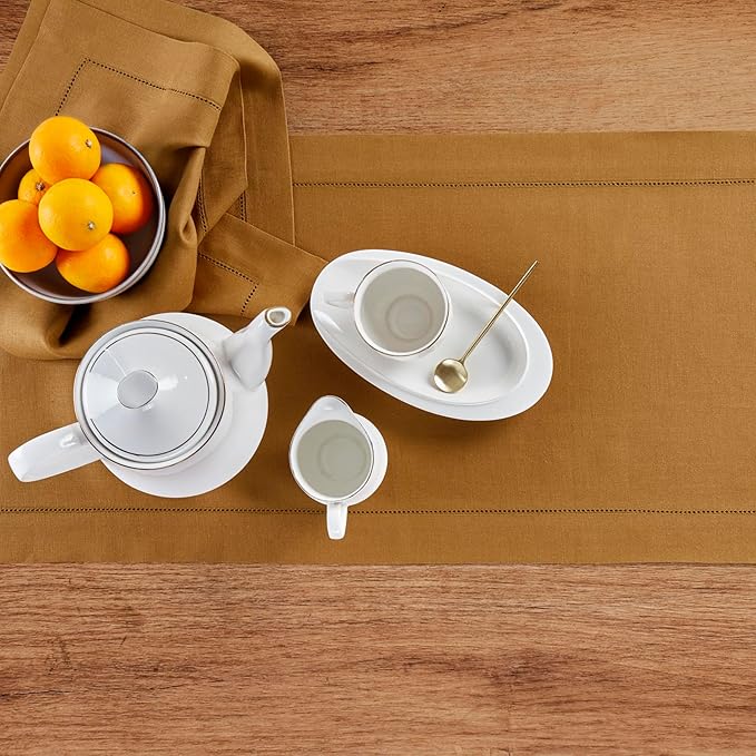 Solino Home Linen Table Runner 48 Inches - 100% Pure Linen Brown Sugar Hemstitch Table Runner 14 x 48 Inch Ideal for Dresser and Coffee Tables - Fall, Autumn, Thanksgiving - Classic Hemstitch