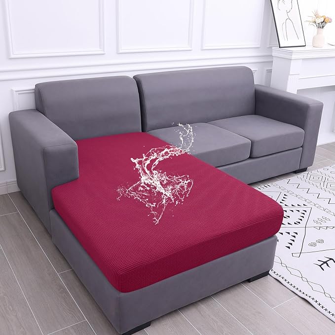 hyha Waterproof Sectional Couch Covers, Non Slip Sofa Couch Cushion Covers L Shape, Thick Stretch Jacquard Fabric, Washable Sofa Slipcovers with Elastic Bottom (1 Piece for Chaise XL, Wine Red)