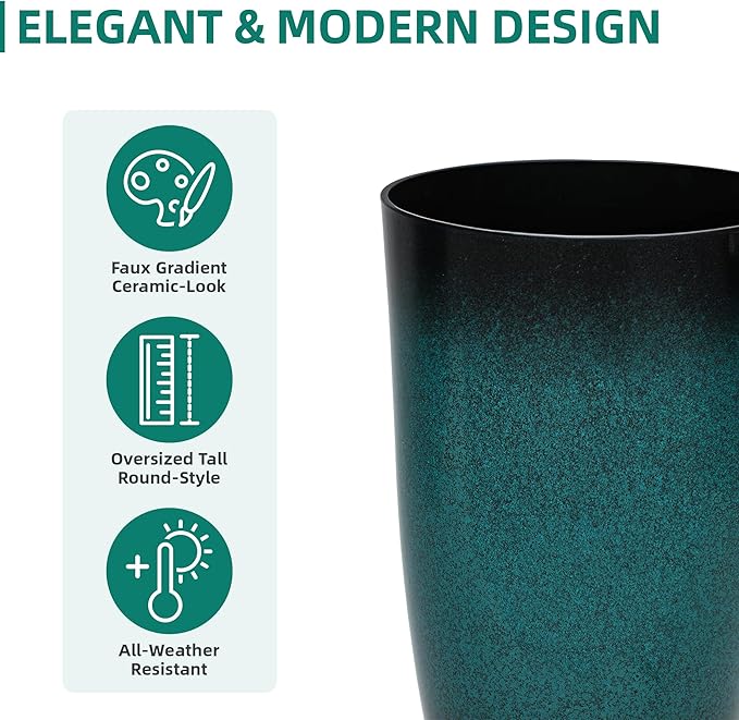 Tall Outdoor Planters, Set of 2 Large Flower Pots for Outdoor Plants, with Gradient Turquoise Finish, Weather-Resistant for Porch, Garden, Patio