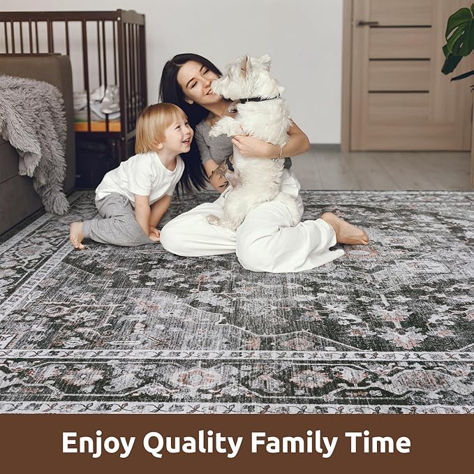 AMOAMI-Area Rug 8X10 Rugs for Living Room-Vintage Soft Black Rugs for Bedroom-Non Slip Carpet-Washable Rug for Dining Room Living Room Bedroom Office Under Table Dark Grey & Black