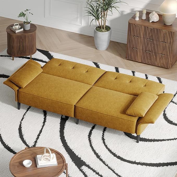 89” Futon Sofa Bed,Comfy Futon Couch Bed with 2 Square Pillows, Convertible Sleeper Sofa with Adjustable Backrest& Armrests, Modern Loveseat Sleeper for Living Room, Bedroom, Yellow