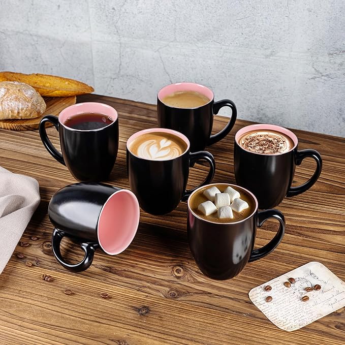 GBHOME 16oz Coffee Mugs Set of 6, Large Ceramic Coffee Mugs for Man, Woman, Dad, Mom, Modern Coffee Mugs Set with handle for Tea/Latte/Cappuccino/Milk/Cocoa. Dishwasher&Microwave Safe,Pink