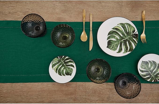 Solino Home Linen Rainforest Green Table Runner 120 Inches Long - 100% Pure Linen Hemstitch 14 x 120 Inch Table Runner for Dining, Fall, Autumn, Thanksgiving - Classic Hemstitch