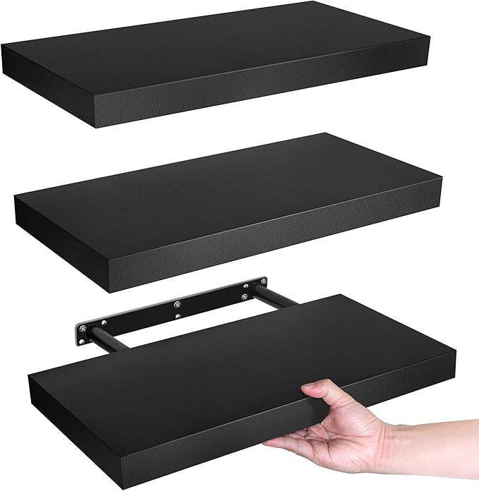 LaVie Home Floating Shelves, 15.6 Inch Wall Shelf Set of 3, Hanging Shelf with Invisible Brackets, Wall Decor for Bathroom, Bedroom, Living Room, Kitchen Storage, Classic Black