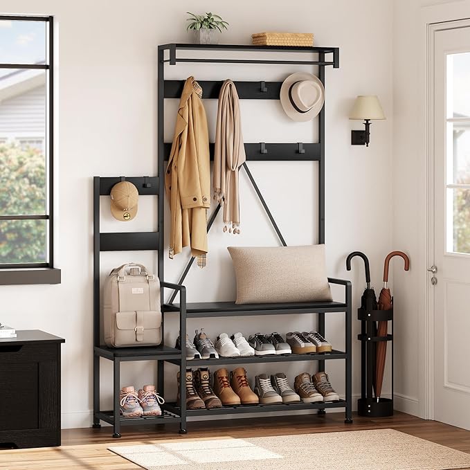 IDEALHOUSE Parent-Child Coat Rack Shoe Bench Hall Tree with Bench and Shoe Storage Industrial Coat Tree Entryway Large Organizer with Shoe Rack, Storage Cubbies, Hooks, and Top Shelf