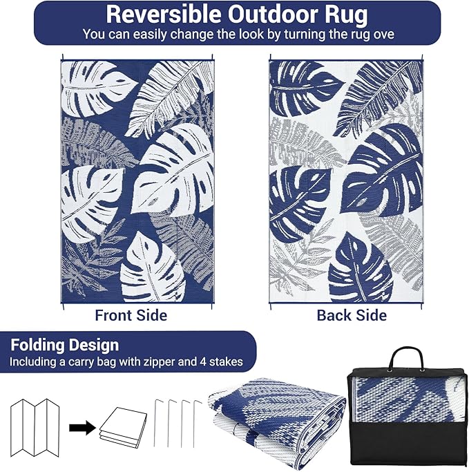 GAOMON Outdoor Plastic Straw Rug 9x18 Waterproof Patio Rug Reversible Camping Mat, Foldable Portable RV Picnic Carpet with Bag & 4 Stakes, UV Resistant Outside Carpet for Deck Balcony, Blue