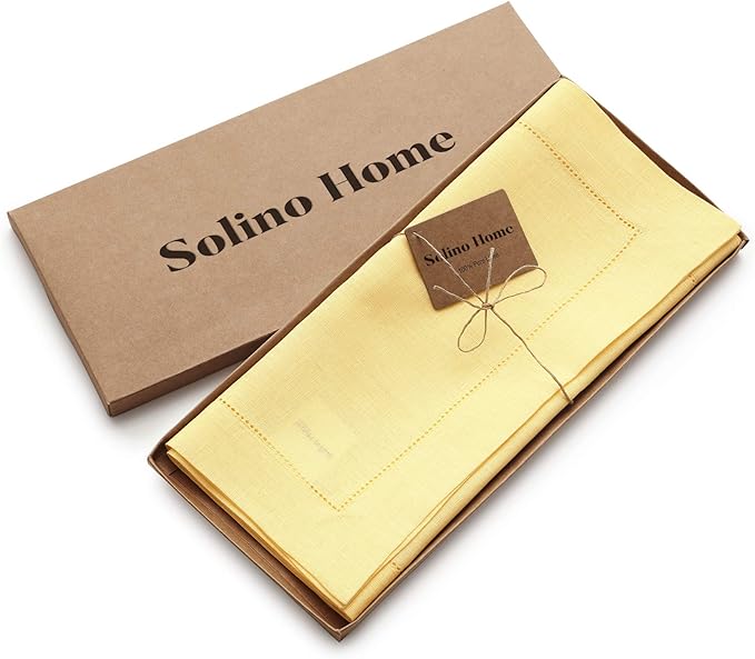 Solino Home Linen Yellow Table Runner 156 Inches Long - 100% Pure Linen Extra Long Table Runner 14 x 156 Inch - Classic Hemstitch