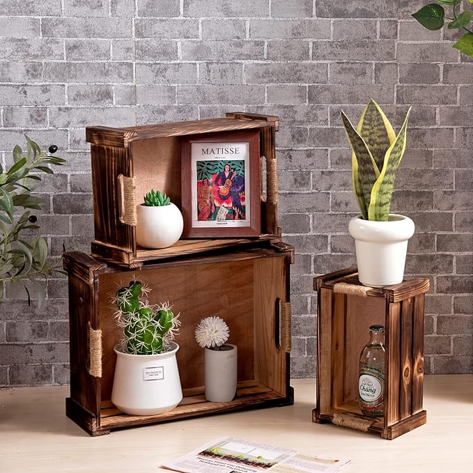 TIMRIS Set of 3 Rustic Wood Nesting Crates, Farmhouse Wooden Storage Container Boxes with Cutout Handles, Decorative Wooden Baskets for Display (Rustic Brown)