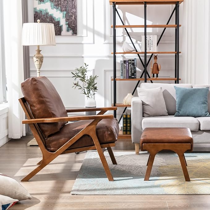 Wahson Brown Leather Accent Chair - Mid Century Modern Retro Upholstered Armchair with Wood Frame and Removable PU Cushions - Large Compfy Leisure Slipper Chair for Living Room/Bedroom (Set of 2)