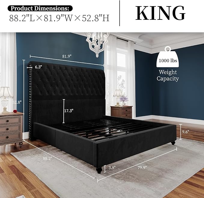PaPaJet Bed Frame Queen Size Upholstered Platform Bed with 52.8'' Tall Sleigh Headboard, Button Tufted, No Box Spring Needed, Easy Assembly, Black