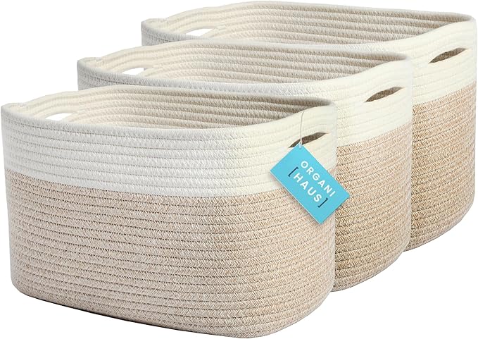 OrganiHaus Set of 3 Woven Storage Baskets for Organizing, Cotton Rope Organizer Bins for Shelves, Closet & Nursery, Dog Toy Basket, Decorative Bins for Toys, Towels & Books - 15x10x9, Light Honey