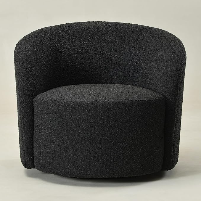 KINWELL Sherpa Swivel Barrel Chair & Round Ball Pillow Set - 34" Wide Modern Boucle Accent Chair with 9” Matching Nordic Decorative Throw Pillow for Living Room and Bedroom(Black)