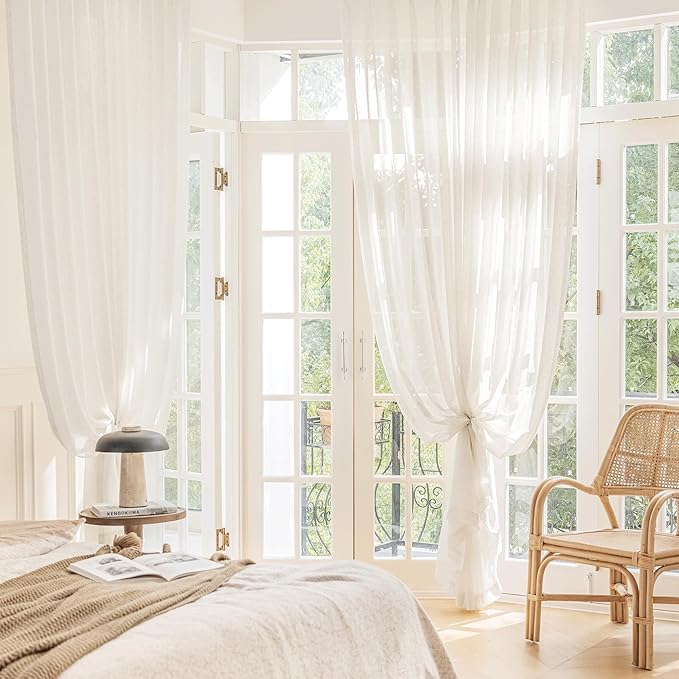 FMFUNCTEX Linen Sheer Curtains for Bedroom, Beige Curtains 54 inch Length for Living Room, Natural Flax Blend Window Draperies for Farmhouse Curtain, Rod Pocket 2 Panels