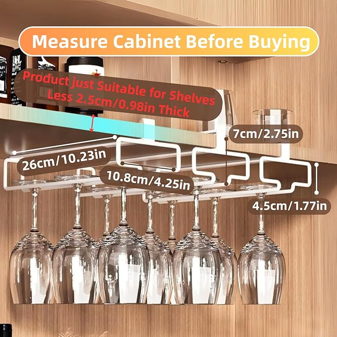 LINFIDITE 2 Pack Wine Glass Holder Stemware Rack Hanger Under Cabinet Wine Glass Rack Kitchen Hanging Storage Rack Organizer,White