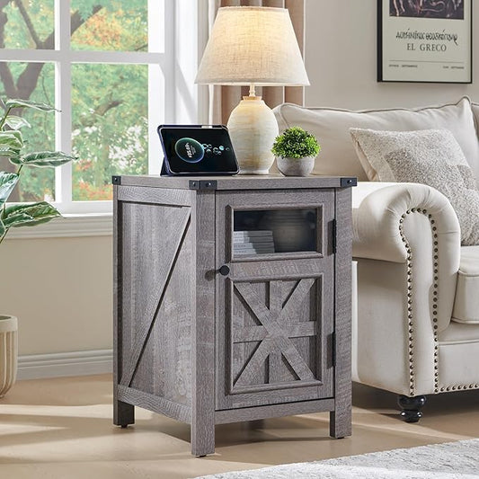 JXQTLINGMU Farmhouse End Table with Charging Station, 18'' Rustic Nightstand with Barn Door & Adjustable Shelf, Wooden Sofa Side Table with 3-Tier Storage for Living Room, Bedroom, Gray