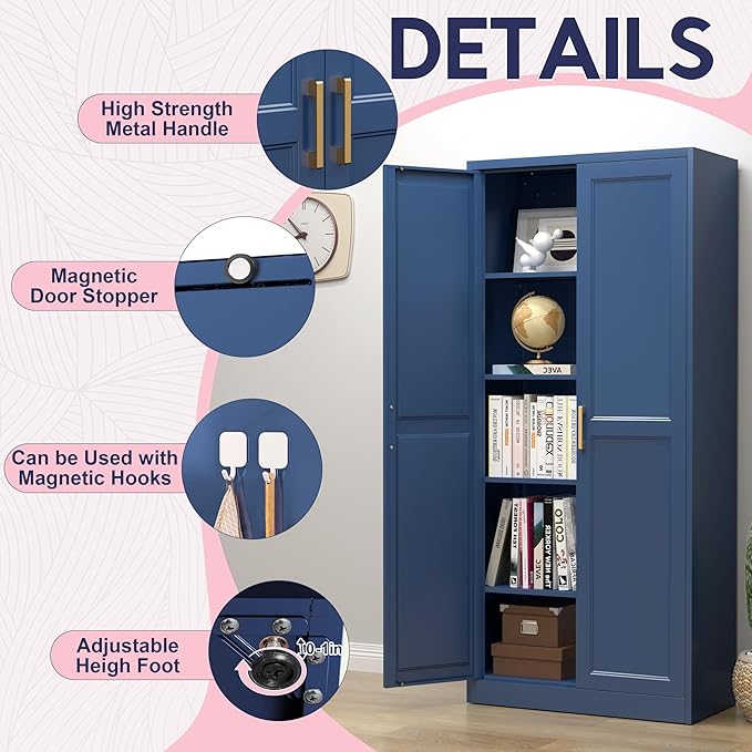 71" Storage Cabinet, Metal Pantry Cabinet, Kitchen Pantry Storage Cabinets with Doors and 4 Shelves, Cabinets for Laundry Room, Living Room, Dinning Room, Assembly Required, Blue