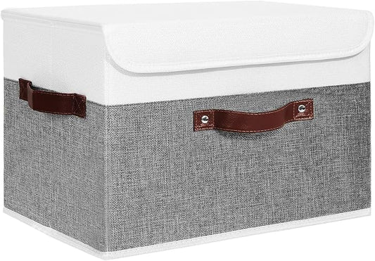 ANMINY Storage Boxes with Lids Washable Decorative Storage Bins Basket with PU Leather Handle Foldable Linen Fabric Storage Cubes Containers for Home Closet Organizer - Gray White, Large Size