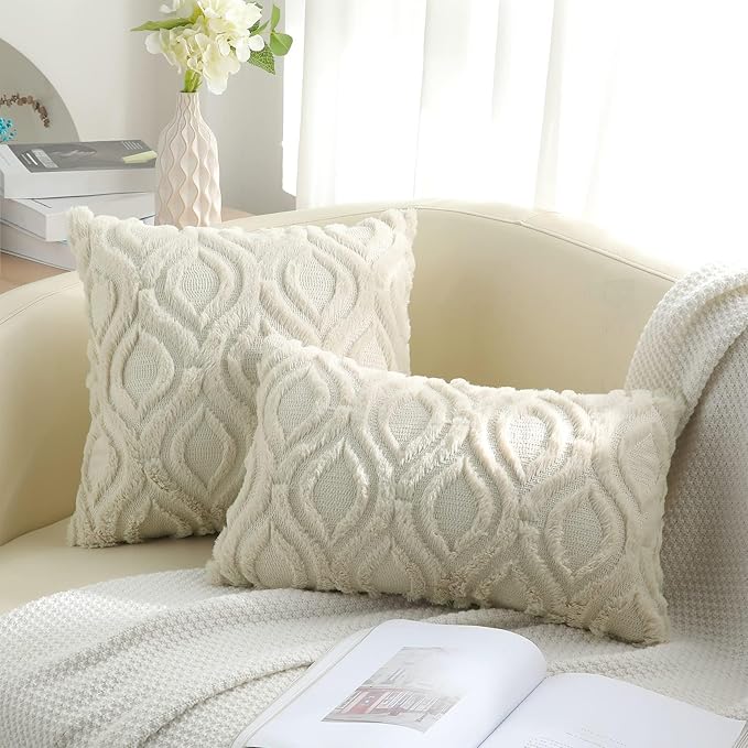 decorUhome Fall Throw Pillow Covers 16x16 Inch Set of 2, Soft Plush Decorative Faux Fur Beige Solid Couch Pillow Covers, Accent Farmhouse Neutral Square Euro Pillow Cases for Sofa Bed Living Room