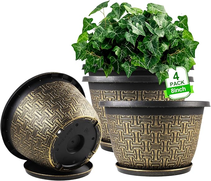 8 Inch Plant Pots, 4 Pack Flower Pot Outdoor with Drainage Holes & Trays, Retro Antique Imitation Decorative Garden Plastic Planters Pots for Plants Indoor Sets for Houseplants