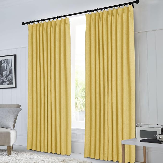 Macochico 100”Wx102”L 100% Blackout Pinch Pleated Linen Curtains for Sliding Door Bedroom Living Room Farmhouse Thermal Insulated Yellow Burlap Drapes with Tieback 1 Panel Shabby Chic Style