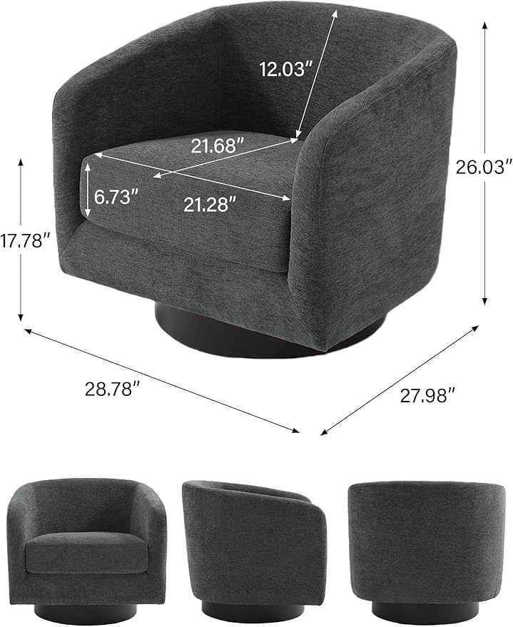 Swivel Barrel Accent Chair, Modern Round Chenille Fabric Arm Chair for Living Room, Bedroom, Comfy Club Reading Chairs for Adults（Chenille Fabric, Grey, Set of 2
