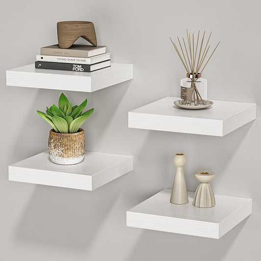 Square Floating Shelves for Wall, 8" W x 8" D x 1.2" H, Small Wooden Wall Mounted Display Shelves with Invisible Brackets for Living Room, Bedroom, Bathroom, Kitchen Decor, Set of 4, White