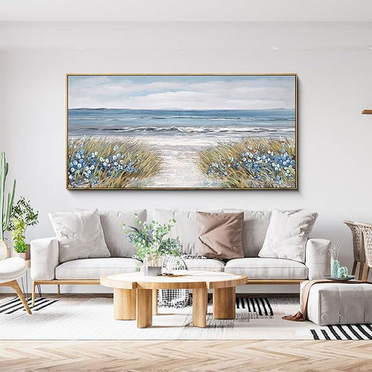XLSJERST Framed Wall Art for Living Room Decor - Farmhouse Boho Beach Coastal Vintage Floral Ocean Wall Picture Flowers Sea Canvas Print Seascape Artwork for Home Living Room Bedroom Office 24x48
