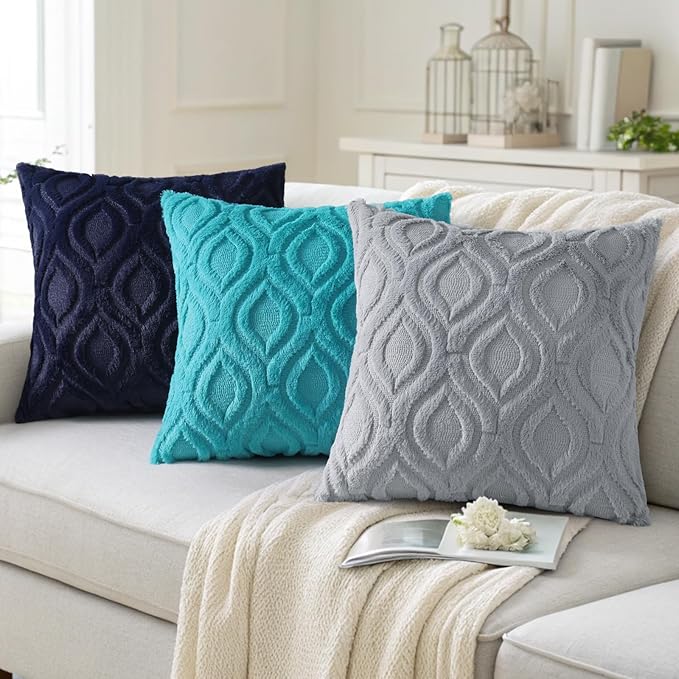 decorUhome Fall Throw Pillow Covers 18x18 Inch Set of 2, Soft Plush Decorative Faux Fur Navy Blue Solid Couch Pillow Covers, Accent Farmhouse Neutral Square Euro Pillow Cases for Sofa Bed Living Room