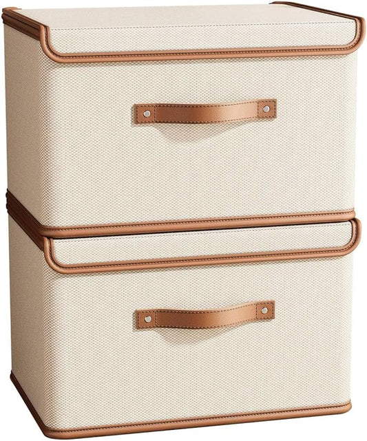 Tuza 2 Pack Storage Bins with Lids, Collapsible Closet Organizer Container, Fabric Organizer Box with Handles, Decorative Storage Boxes with Lids for Organizing Clothes, Books, File, White, Large