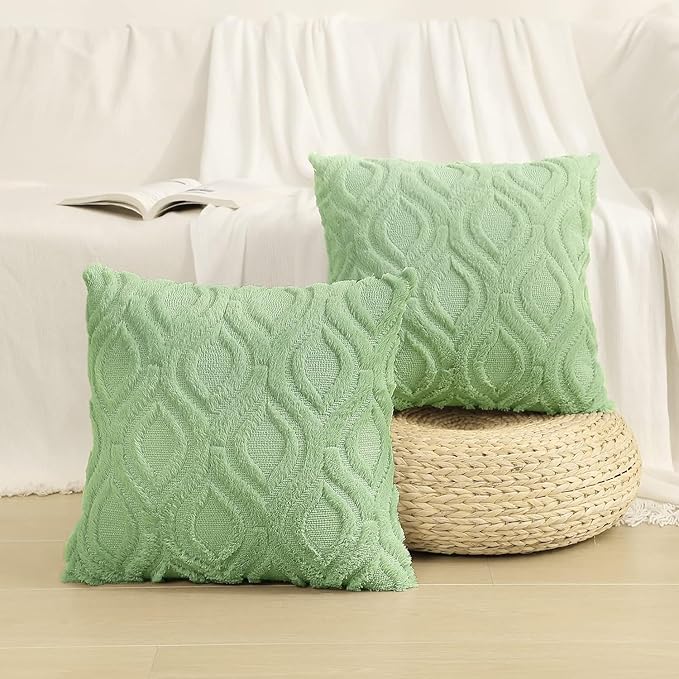 decorUhome Throw Pillow Covers 12x20 Inch Set of 2, Soft Plush Decorative Faux Fur Sage Green Solid Couch Pillow Covers, Accent Farmhouse Neutral Lumbar Euro Pillow Cases for Sofa Bed Living Room