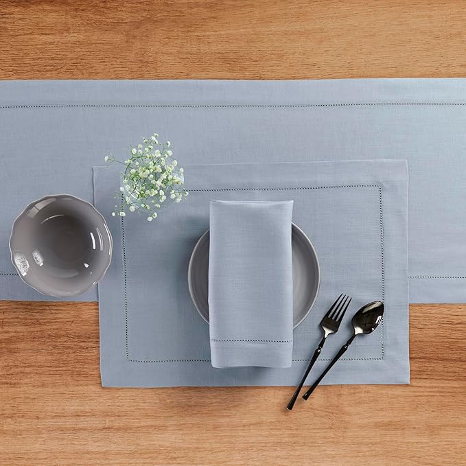 Solino Home Linen Dusty Blue Table Runner 72 Inches Long - 100% Pure Linen Hemstitch Table Runner 14 x 72 Inch for Dresser, Dining, Fall, Autumn, Halloween, Thanksgiving - Classic Hemstitch
